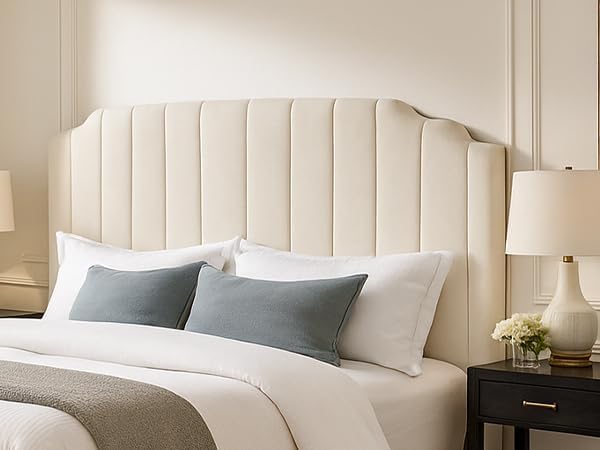 Upholstered Headboard for Full/Queen Beds - Arched Headboard & Bed Frame Mount, Adjustable Height, Velvet Tufted Modern Vertical Channel Design (Beige, Queen (U.S. Standard))
