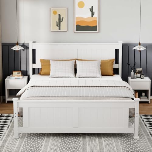 Bonnlo Full Size Solid Wood Platform Bed Frame, Panel Bed with Headboard, No Box Spring Needed Bed Base, Wood Slat Support Mattress Foundation, White