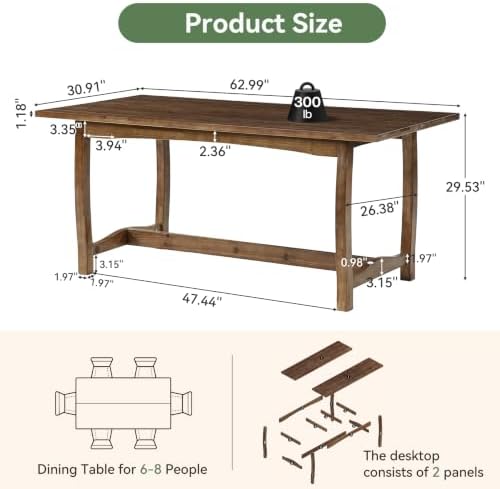 63" Solid Wood Dining Table for 4-6, Farmhouse Kitchen Table
