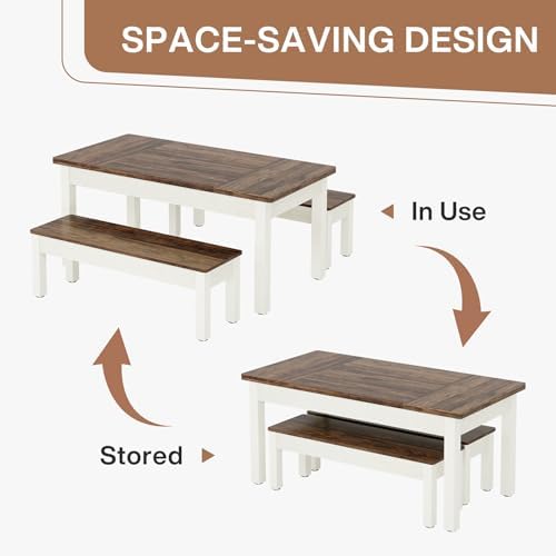 Tribesigns Farmhouse Kitchen Table Set for 4-6, 55-Inch Wooden Dining Table with 2 Benches, Space Saving 3 Pieces Heavy Duty Dinette for Dining Room, Kitchen, Small Space