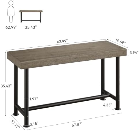 63" Solid Wood Bar Table, Long Counter Height Pub Top Table, Narrow Dining Breakfast Bar Units with Metal Sturdy Legs for Home Kitchen, Living Room, Bistro, Easy to Assemble