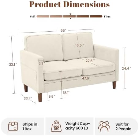 56" Loveseat Sofa, Mid Century Modern 2 Seater Chenille Love Seat Couch
