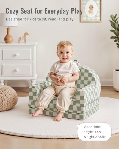 Blissful Diary Foldable Kids Couch, 2-in-1 Kids Sofa Chair, Sage Checkered