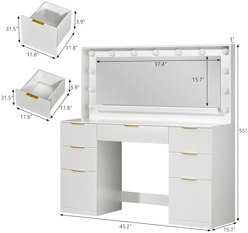 HUAHUU Vanity Desk with Mirror and Lights, 45.3in Makeup Vanity with 7 Drawers & Large Mirror, White Vanity with 3-Color Adjustable Lighting & Power Outlet, Vanity Desk for Bedroom