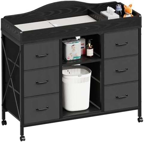 YeTom Changing Table, 6-Drawer Dresser, Adjustable Shelves, Mobile, Black