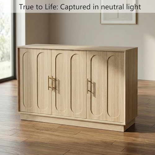 holzart 46.6" Modern 3 Door Storage Cabinet, Light Oak Sideboard Buffet Cabinet with Gold Handles, Large Fluted Wood Accent Credenza for Dining Room, Living Room, Coffee Bar