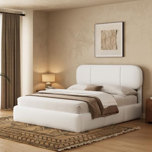 Full Size Bed Frame with Storage, Boucle Cloud Bed with 4 Locking Drawers & LED Lights, Modern Upholstered Platform Bed, Plush Sides & Footboard, Adjustable Headboard, No Box Spring, Cream