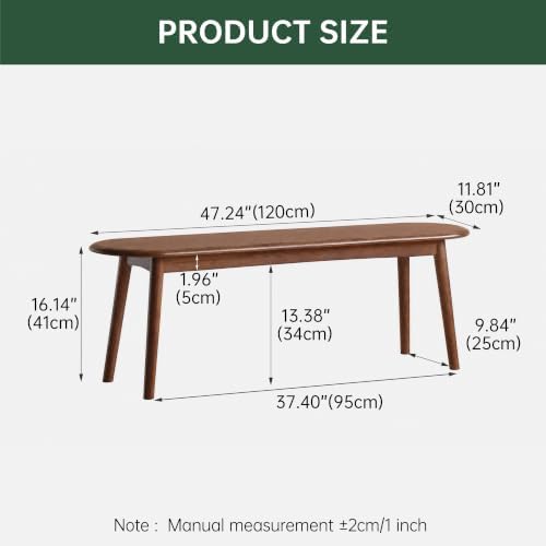 100% Solid Oak Dining Bench, Wood Bench for End of Bed with Rounded Corners, Entryway Benches for Farmhouse, Kitchen, Living Room(Walnut,12" L x 47.2" W x 16.2" H)