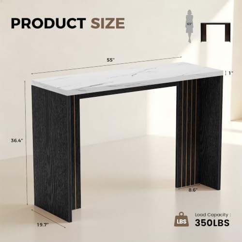 Miereirl 55" Bar Table, Marble Bar Height Table, 36.4" High Pub Table with Thick Tabletop, Narrow Entryway Table Sofa Table, Counter Height Dining Table for Living Room, Kitchen (White and Black