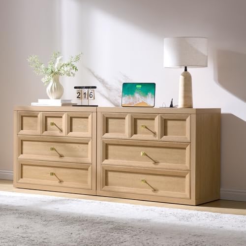 3-Piece Bedroom Set, 5 Drawer Tall Dresser and 3 Drawer King Size Nightstands Set of 2 with Charging Station, 3 Piece Farmhouse Wood Bedroom Dresser and Nightstand Sets, Natural