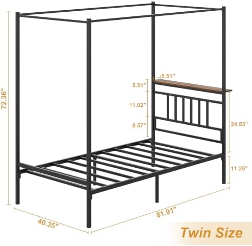 Twin Canopy Bed Frame with Storage Headboard Minimalist Style 4 Posters Bed
