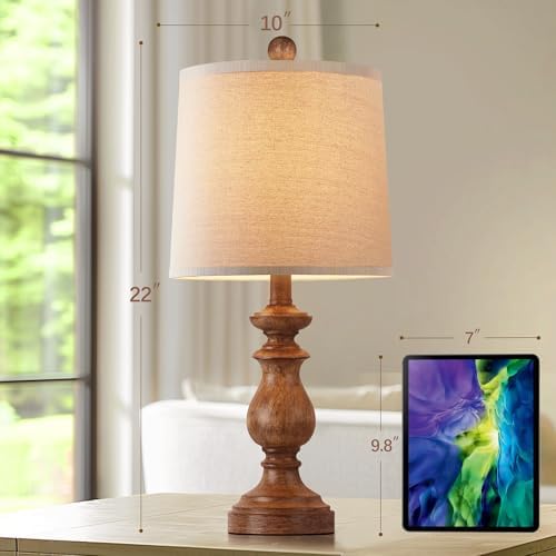 PARTPHONER Traditional Table Lamp Set of 2, Rustic Farmhouse Table Lamps for Living Room Bedroom, 22" Bedside Desk Lamps Vintage Nightstand Lamps with Linen Shades, Wood Grain
