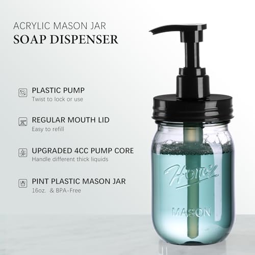 Amolliar Plastic Mason Jar Soap Dispenser with Pump Lid 16OZ -2 Pack Black