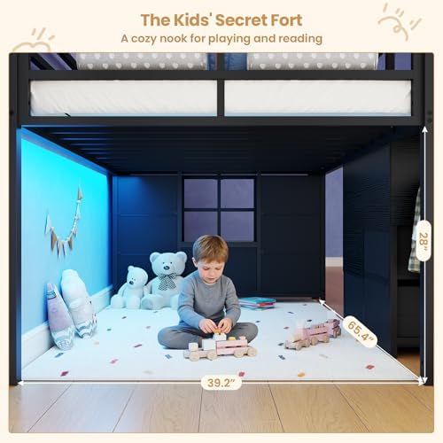 BTHFST Low Loft Bed Twin Size with Stairs,LED Lights,7 Large Drawers, Black