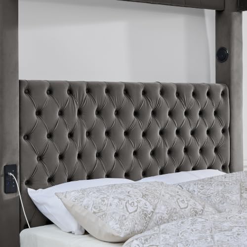 LUMISOL Canopy Bed Frame Queen Size, Velvet Upholstered Platform Bed with Button Tufted Headboard, Four Posters, Built-in Speaker and Charging Station, Heavy Duty Mattress Foundation, Grey