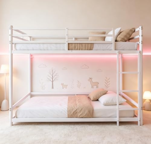 Bellemave Twin Over Twin Bunk Beds, Metal Floor Bunk Bed Frame with Ladder and Full-Length Guardrail for Kids, Adults, White