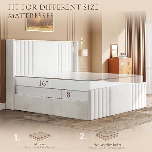 55" Tall Queen Size Platform Bed Frame with 2 Reading Lights, Cream