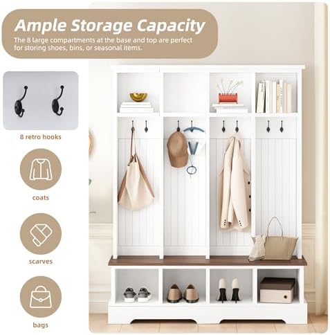Merax Farmhouse Hall Tree with Bench and Shoe Storage, 59" Entryway Bench with Coat Rack, 8 Hooks and Top Compartments, 3-in-1 Entryway Hall Tree for Hallway, Living Room, White