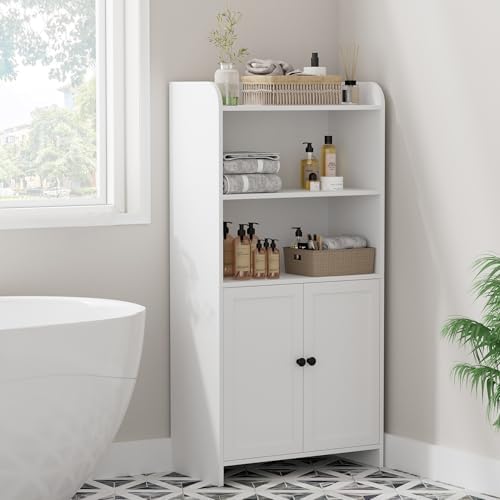 Homhedy Small Bathroom Storage Cabinet, Toilet Paper Storage Cabinet | Bathroom Floor Cabinet with Doors and Shelves, Bathroom Organizers for Small Spaces, 9.8" D x 19.7" W x 39.9" H, White