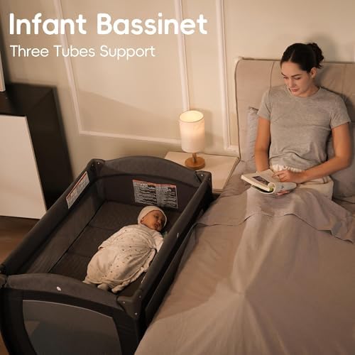 Pamo Babe Pack and Play 4-in-1 Baby Playard with Bassinet & Changing Table, Foldable Portable Playpen with Mattress, Travel Crib for Newborn to Toddler 0-36M-Black