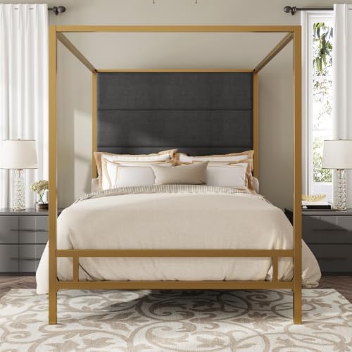 LUMISOL Queen Size Canopy Bed Frame, Metal 4-Poster Bed with Tall Linen Upholstered Headboard, Luxurious Gold Canopy Bed Frame, Box Spring Needed, Easy Assembly, Gold + Grey