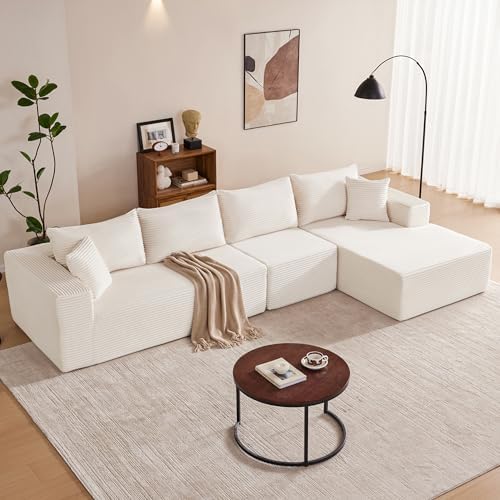 Mangodan 140” Cloud Sectional Couch, Boneless Sofa for Living Room, Modular Sectional Sofa with Deep Seat, Comfy Fluffy L-Shaped Couch with Right Facing Chaise, No Assembly Required, Beige