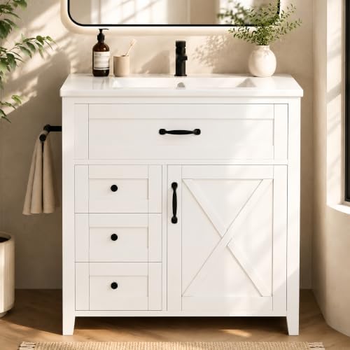 YOPTO 30" Bathroom Vanity with Sink, Freestanding Bathroom Cabinet | Ceramic Top & Backsplash, 3 Storage Drawers, 1 Tilt-Out Storage, Adjustable Shelving, Door Storage and Towel Bar, White