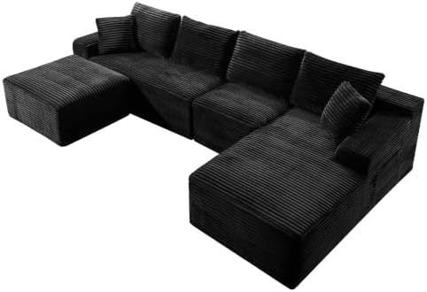 135-Inch U-Shaped Compressed Cloud Sofa Modular Boneless Cloud Sectional Sofa W/Right Facing Chaise Lounger and Ottoman, Oversized Plush Corduroy Corner Boneless Foam Couches