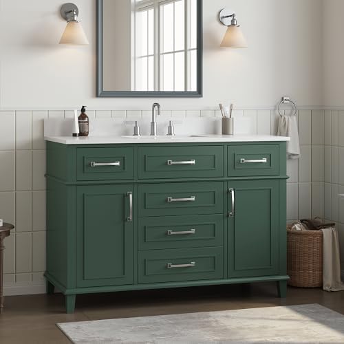 48 Inch Green Bathroom Vanity with Sink, Pre Assembled | Freestanding Solid Wood Bathroom Vanities with 2 Soft Close Doors & 5 Dovetail Drawers, 0.78" Stone Top, Backsplash