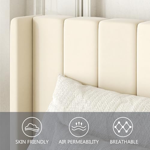 Gruwans King Size Bed Frame with Wingback Headboard, Upholstered Platform Bed, No Box Spring Needed, Sturdy Wooden Slat Support, Easy Assembly, Cream