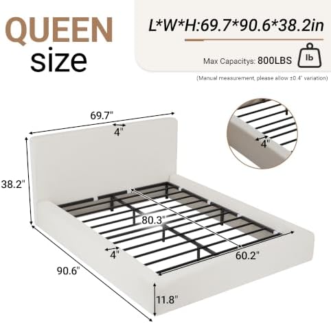 DNYN Queen Cloud Bed Frame with Cushion Headboard and 360° Foam Surround