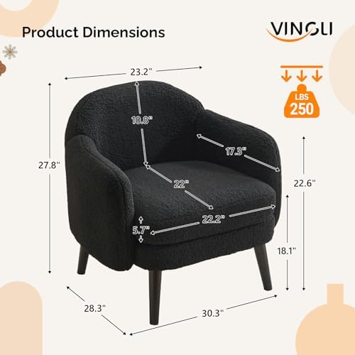 VINGLI 30.3" Wide Modern Barrel Accent Armchairs Set of 2 with Track Armrest, Solid Wooden Legs, Comfy Upholstered Club Chairs, Single Home Sofa for Living Room, Bedroom, Reading,Teddy Fleece Black
