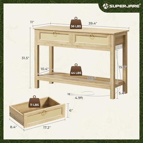 SUPERJARE Rattan Console Sofa Table with Outlets, USB-C Port and 3 Drawers