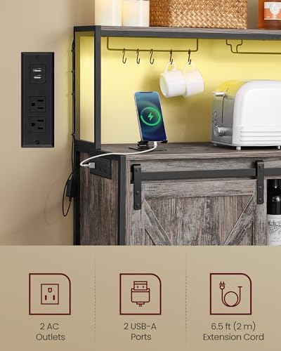 VASAGLE Coffee Bar, Buffet Cabinet with LED Light and Power Outlet