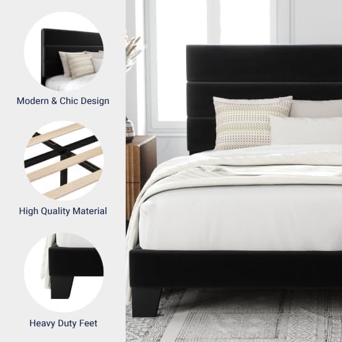 Allewie Cal King Size Platform Bed Frame with Velvet Upholstered Headboard