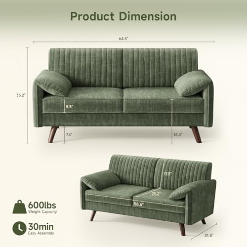 ONBRILL 64.5" Loveseat Sofa, Chenille Loveseat Couch for Living Room, Green