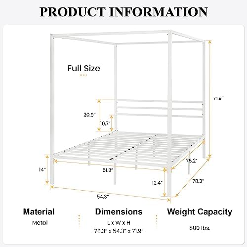 SHA CERLIN Full Size Canopy Bed Frame with Heavy Duty Metal Slats, White