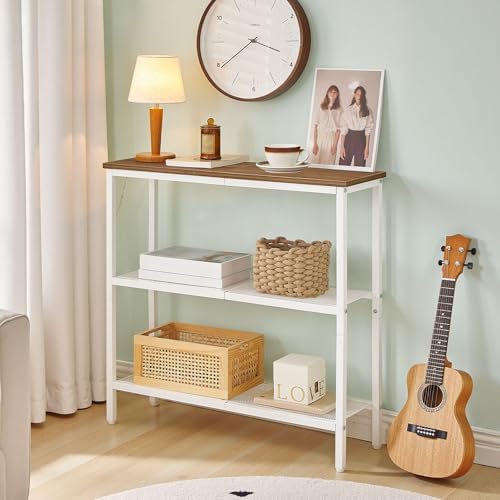 HOOBRO 29.5" Narrow Console Table, 3 Tier Entryway Table with Shelves, Thin Sofa Table, Behind Couch Table, Display Side Table, for Hallway, Entrance, Living Room, Walnut and White WH73XG01