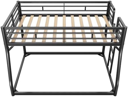 PVWIIK Metal Full XL Over Queen Bunk Bed w/Ladder and Safety Guardrail for Kids Teens Adults,Heavy-Duty Sturdy Bunk Bed,No Box Spring Needed,Black