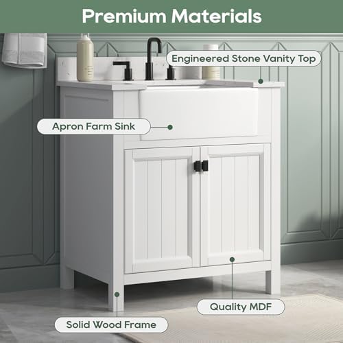 30 Inch White Bathroom Vanity with Sink, Solid Wood | Farmhouse Pre Assembled Vanity Bathroom with Soft Closing Doors, Vanity for Bathroom, Apron Farm Sink