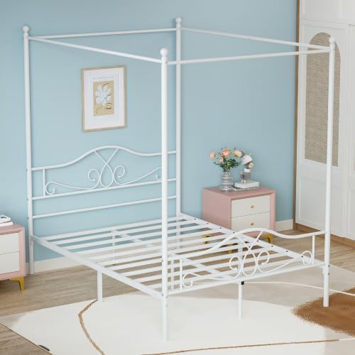 Full Canopy Bed Frame with 4 Posters, Full Size Bed for Kids Girls Adults