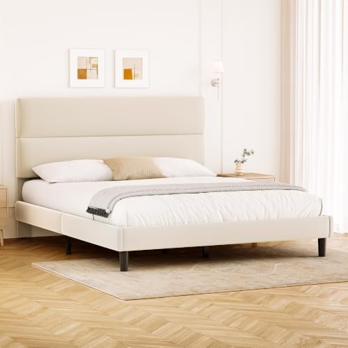 GRUSIGN Full Size Platform Bed Frame with Velvet Headboard, Adjustable Height Wooden Slats Support, Upholstered Mattress Foundation, Fits Mattress or Mattress with Box Spring, Easy Assembly, Beige