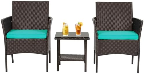 FDW 3-Piece Patio Furniture Set | Brown & Blue | Outdoor Wicker Furniture