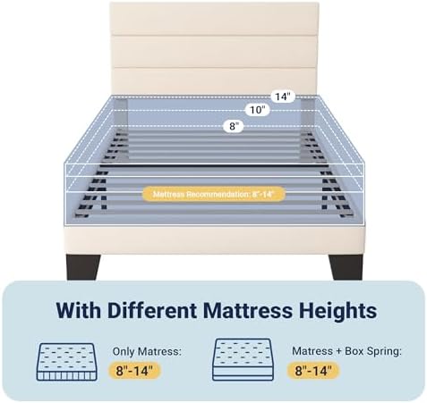 Allewie Twin Size Platform Bed Frame with Fabric Upholstered Headboard and Wooden Slats Support, Fully Upholstered Mattress Foundation/No Box Spring Needed/Easy Assembly, Cream