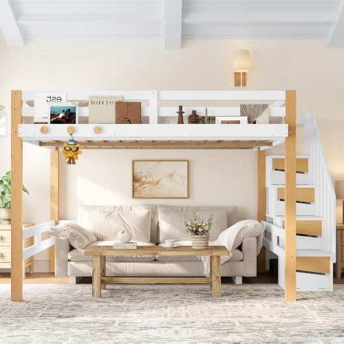 KEIKI Full Size Wooden Loft Bed Frame with Staircase, Clothes Hook, White