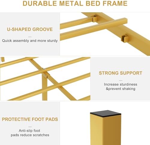 VECELO Full Size Bed Frame with Headboard and Footboard, Heavy Duty Metal Slat Support, Platform Mattress Foundation, No Box Spring Needed, Easy Assembly, Gold