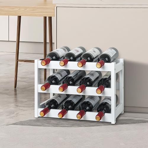VASMIA Bamboo Wine Rack, Sturdy and Durable Wine Storage Cabinet Shelf, Wine Racks Countertop for Pantry,Kitchen,3-Tier 12 Bottles Wine Rack White