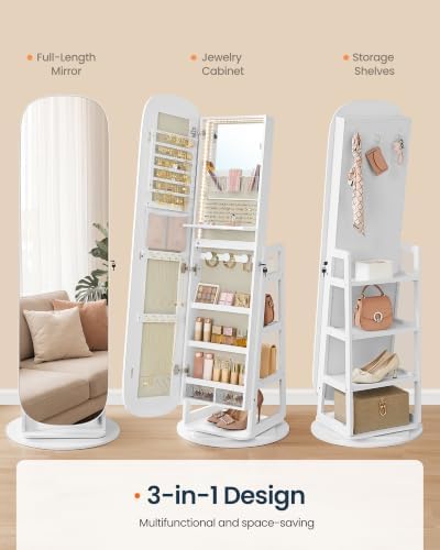SONGMICS HOME 360° Swivel Jewelry Cabinet Standing, Mirror with Storage | Lockable Jewelry Armoire with Vanity and Rear Shelves, Full Length Floor Mirror with Storage, Cloud White UJJC036W01SH