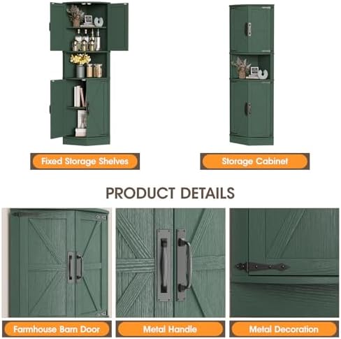 Vabches 64.8" Tall Farmhouse Corner Cabinet with 4 Doors and 5 Storage Shelves, Farmhouse Storage Cabinet with Barn Door Design, Home Space Saver for Living Room, Kitchen, Laundry Room,Green