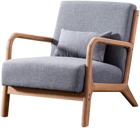 ANJ Mid Century Modern Accent Chair, Single Fabric Lounge Reading Armchair with Solid Wood Frame, Easy Assembly Arm Chairs for Living Room, Grey